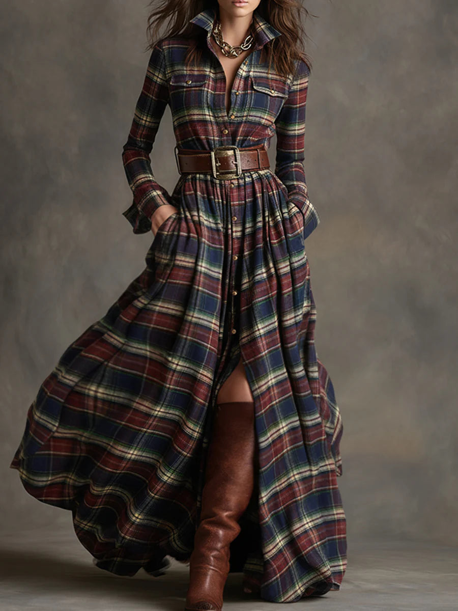 Giovanna | Vestido Maxi a Cuadros Retro con Cintura